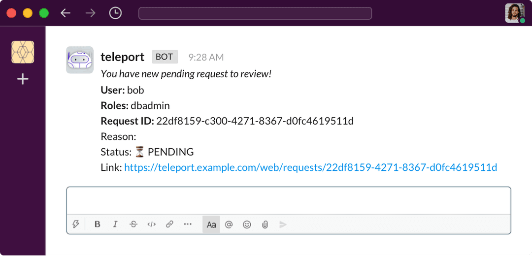 Teleport Slackbot notification